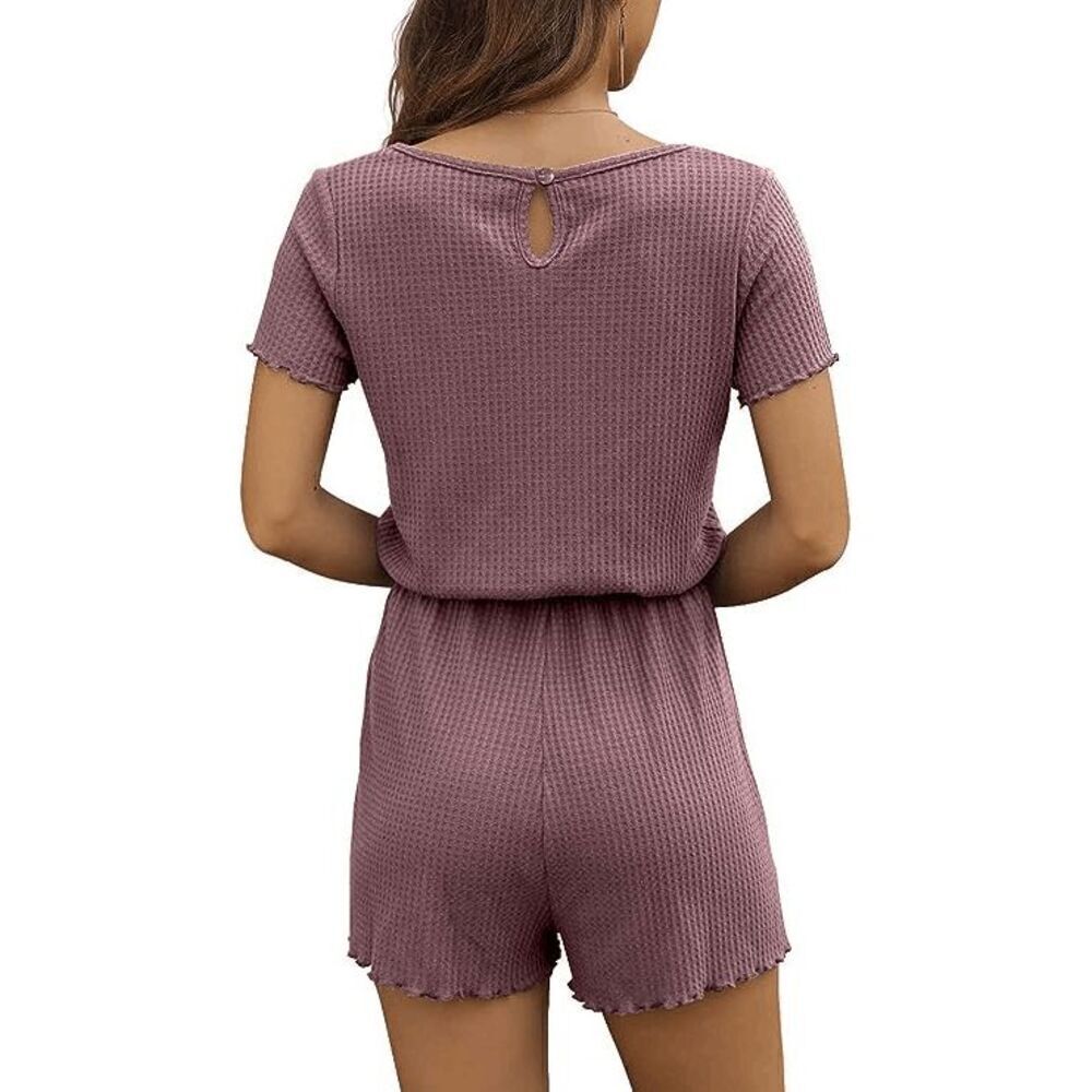 2x Rompers for Women Waffle Knit Summer Casual Beach Drawstring Shorts Jumpsuit